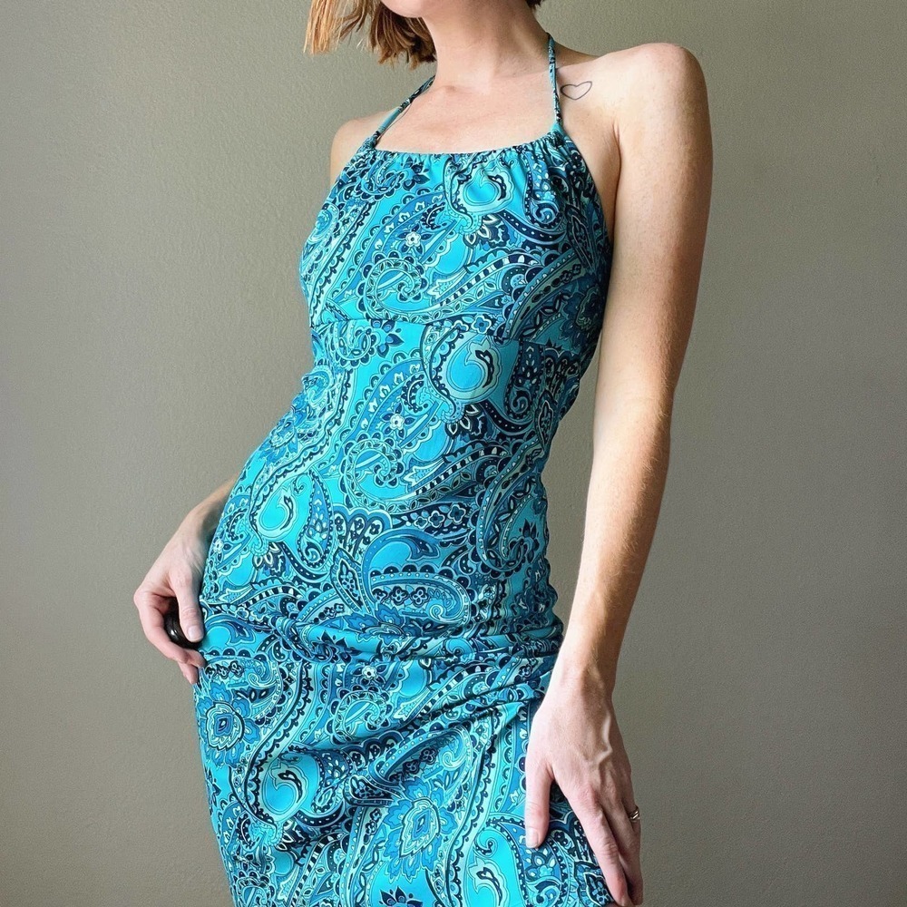 Vintage Y2K Blue Paisley Halter Midi Fitted Stretch Slip Dress - Picture 4 of 5